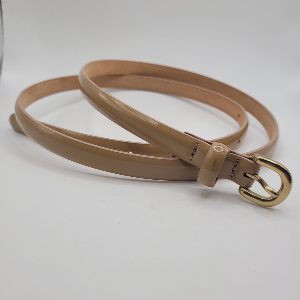 J.Crew Belt Large Tan Patent Leather Skinny Thin Shiny Minimalist Classic J0184